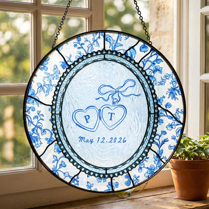 Floral Wedding Suncatcher Personalized - Blue Toile Engagement Keepsake
