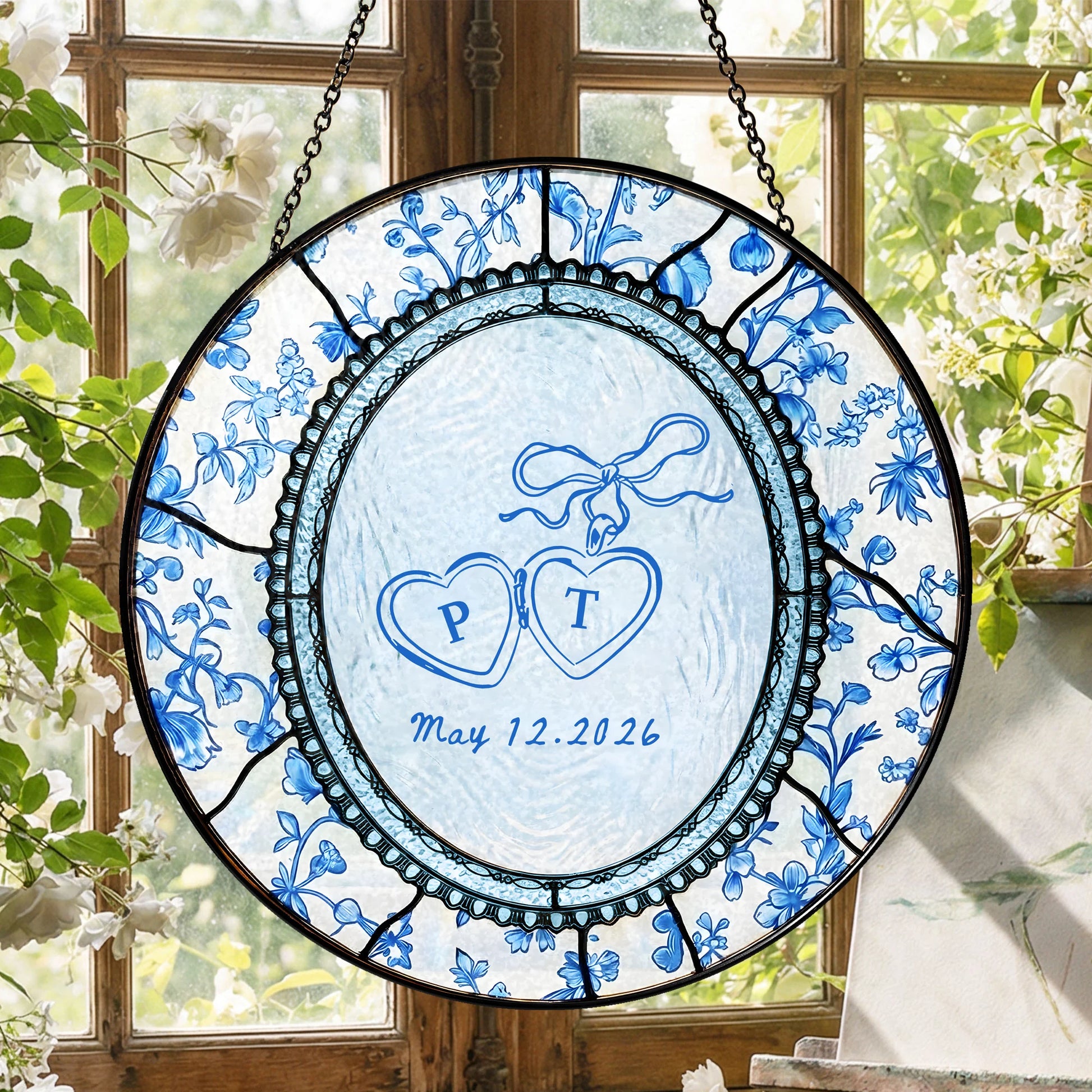 Floral Wedding Suncatcher Personalized - Blue Toile Engagement Keepsake