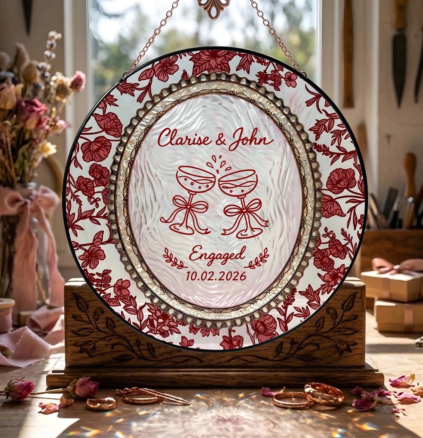 Floral Engagement Suncatcher Personalized - Champagne Toast Keepsake