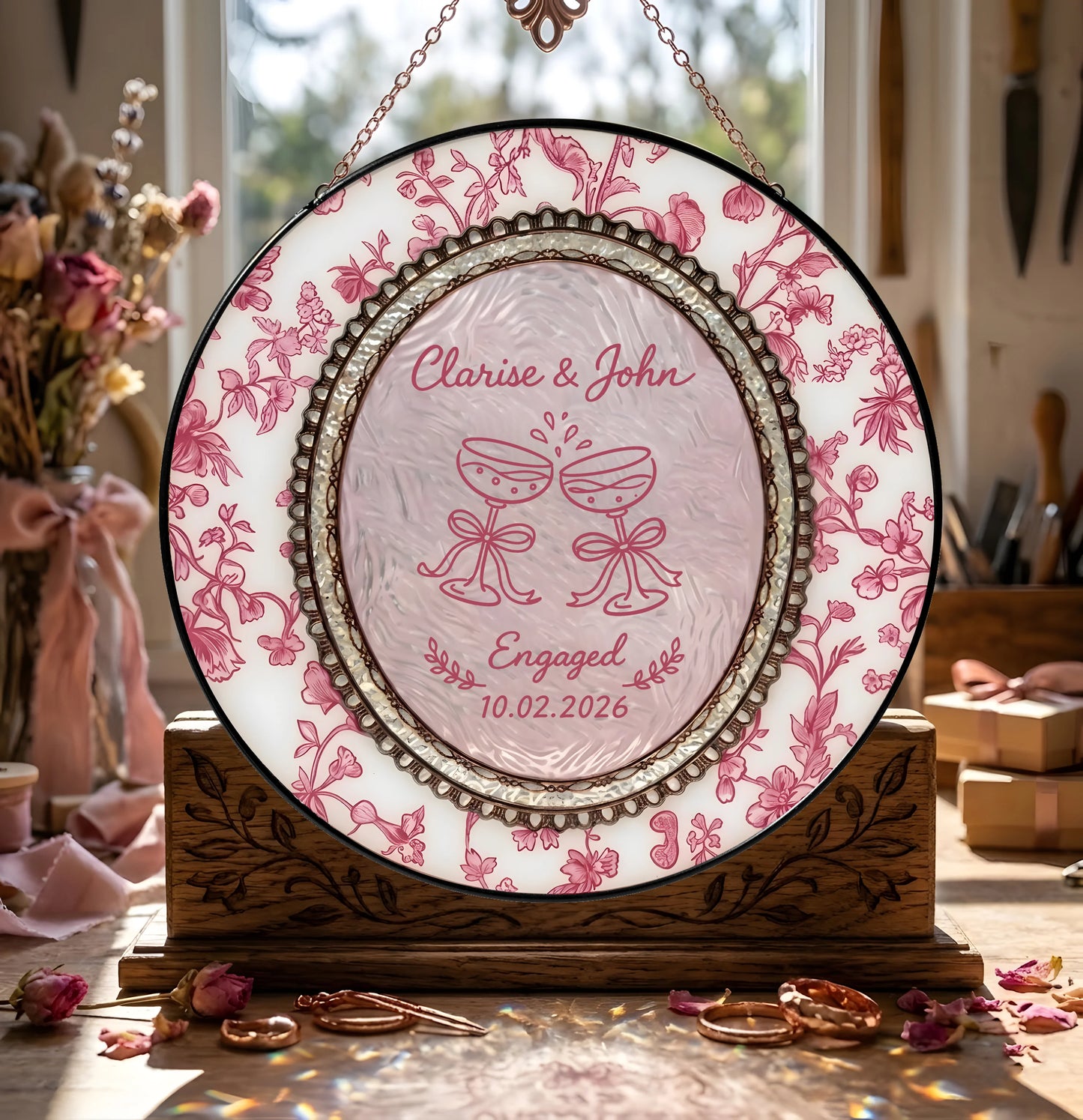 Floral Engagement Suncatcher Personalized - Champagne Toast Keepsake