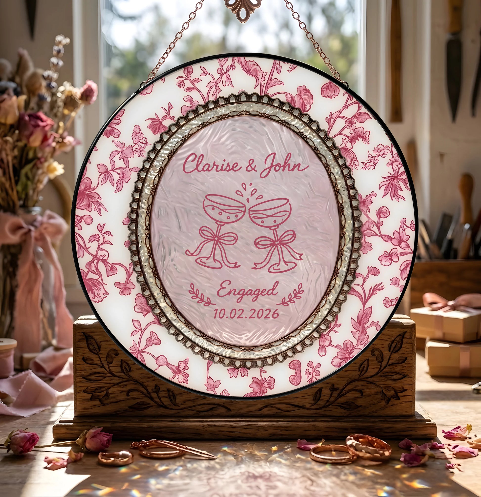 Floral Engagement Suncatcher Personalized - Champagne Toast Keepsake