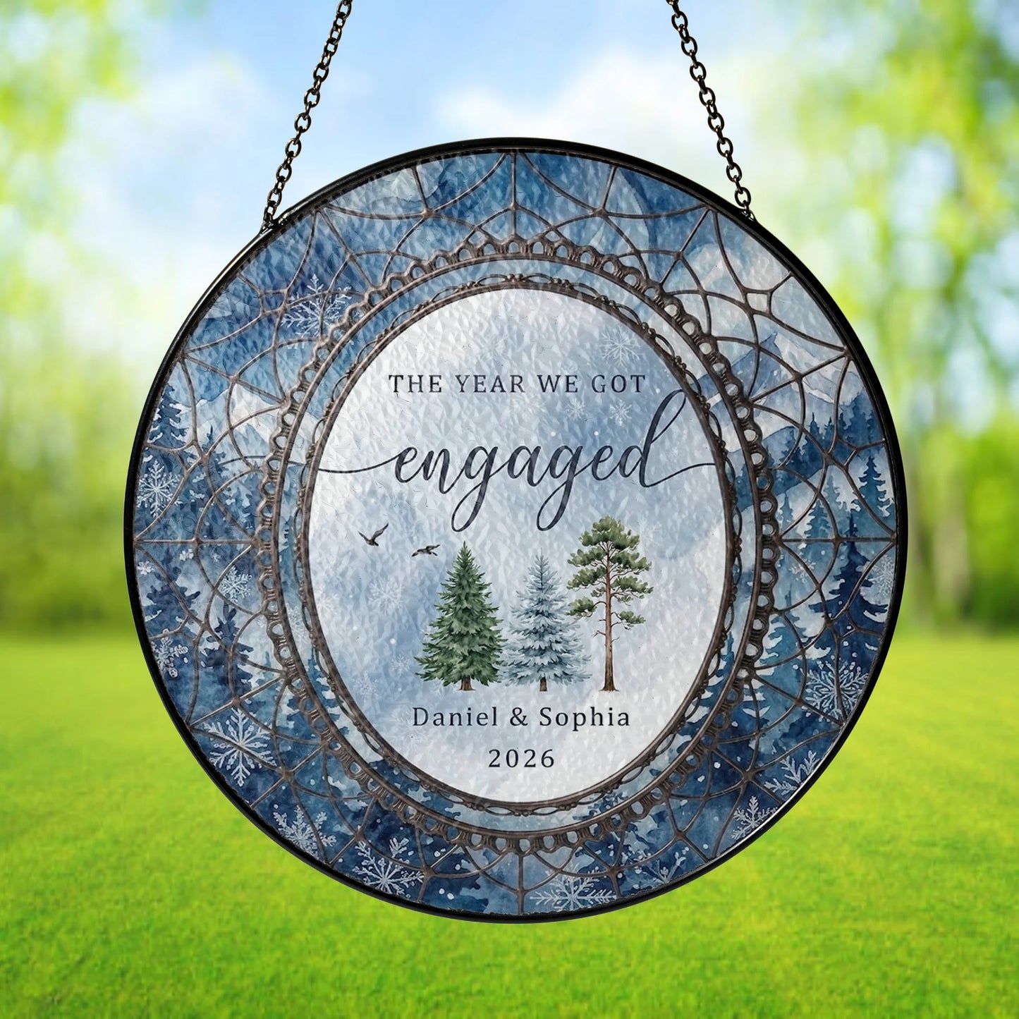 Watercolor Wedding Suncatcher Personalized - Pine Forest Engagement Year Keepsake