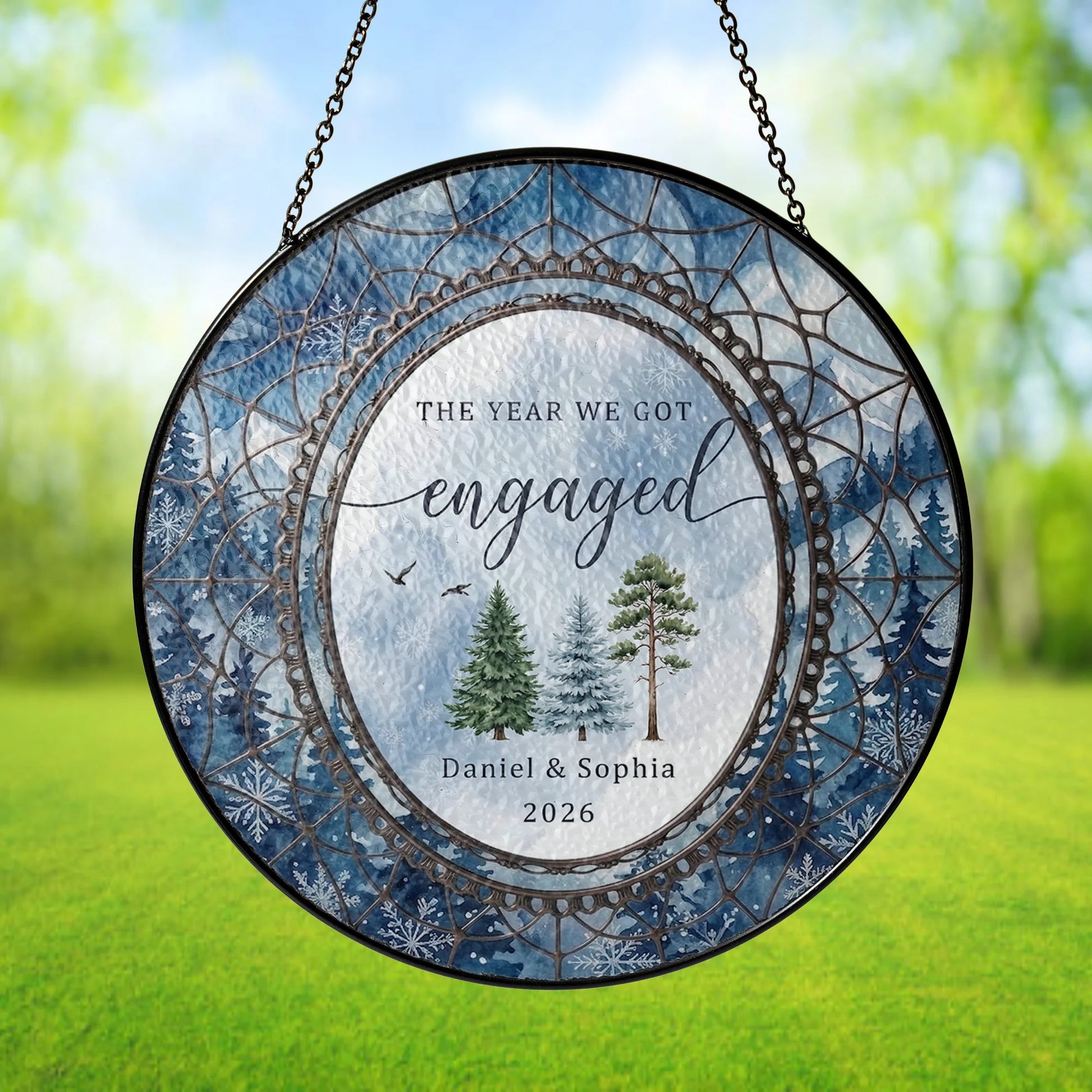 Watercolor Wedding Suncatcher Personalized - Pine Forest Engagement Year Keepsake
