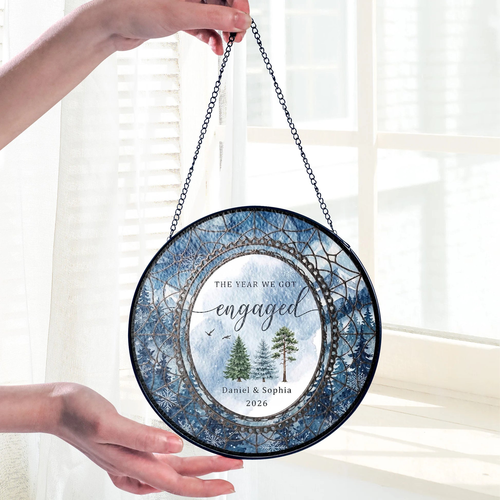 Watercolor Wedding Suncatcher Personalized - Pine Forest Engagement Year Keepsake