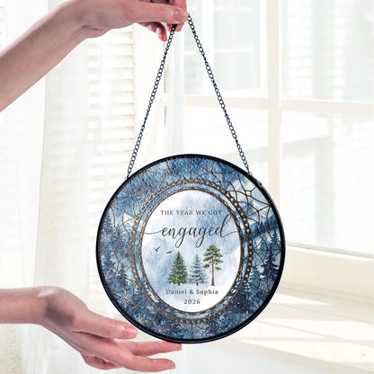 Watercolor Wedding Suncatcher Personalized - Pine Forest Engagement Year Keepsake