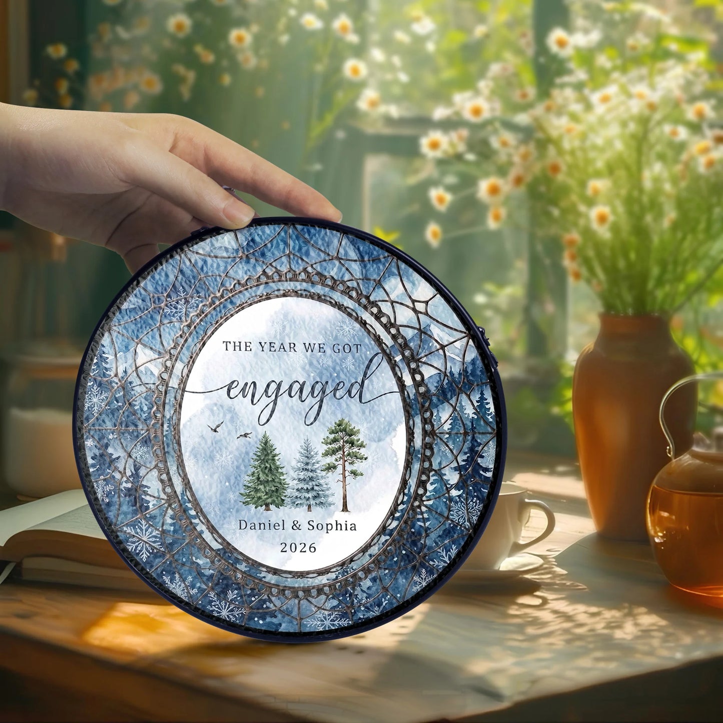 Watercolor Wedding Suncatcher Personalized - Pine Forest Engagement Year Keepsake