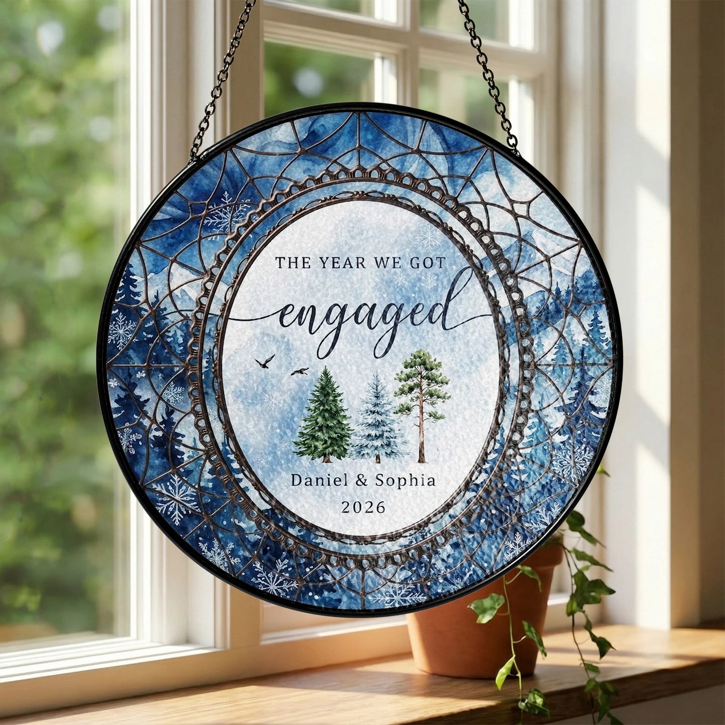 Watercolor Wedding Suncatcher Personalized - Pine Forest Engagement Year Keepsake