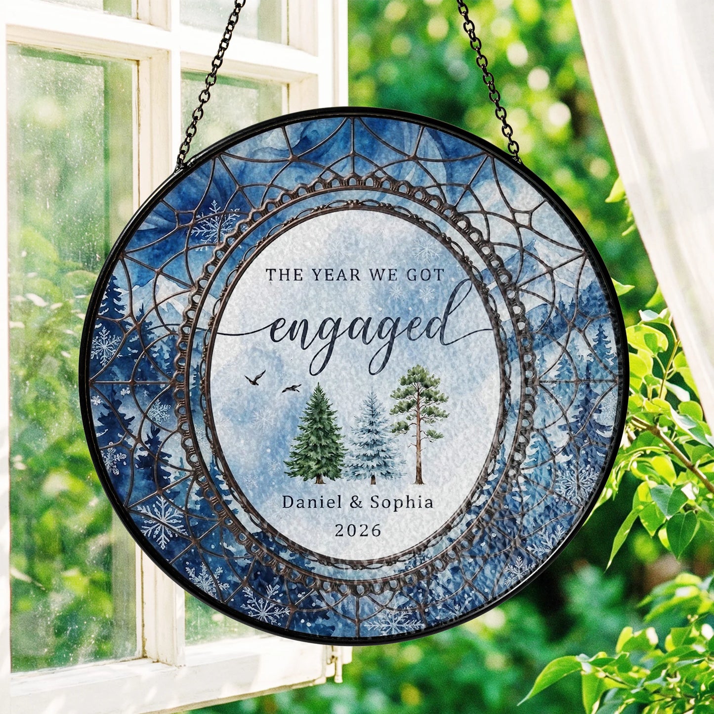 Watercolor Wedding Suncatcher Personalized - Pine Forest Engagement Year Keepsake