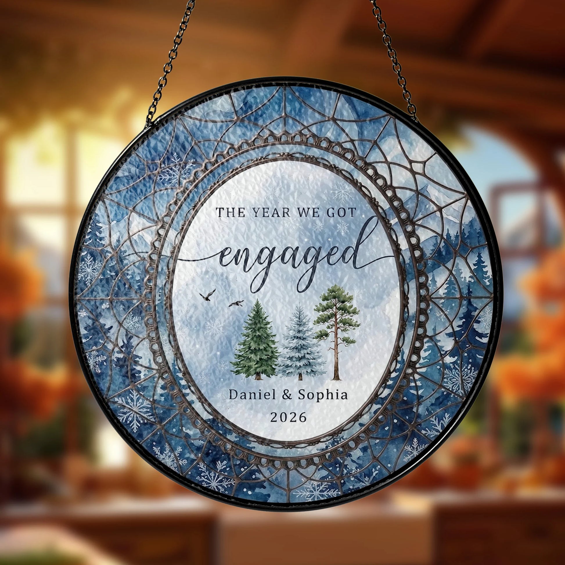 Watercolor Wedding Suncatcher Personalized - Pine Forest Engagement Year Keepsake