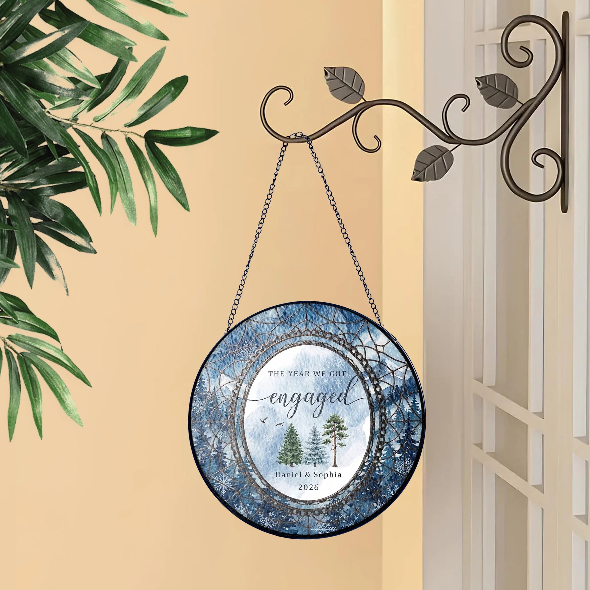 Watercolor Wedding Suncatcher Personalized - Pine Forest Engagement Year Keepsake