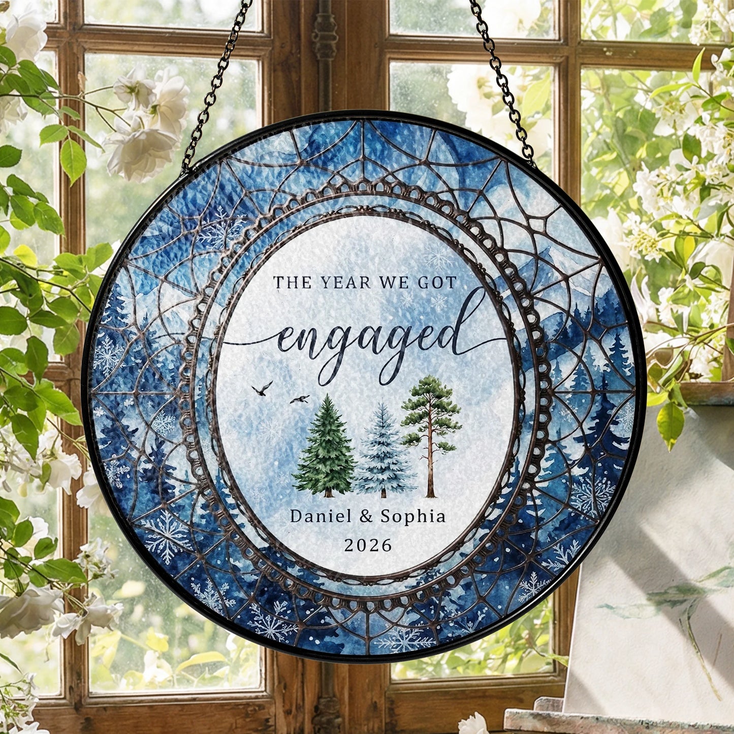 Watercolor Wedding Suncatcher Personalized - Pine Forest Engagement Year Keepsake