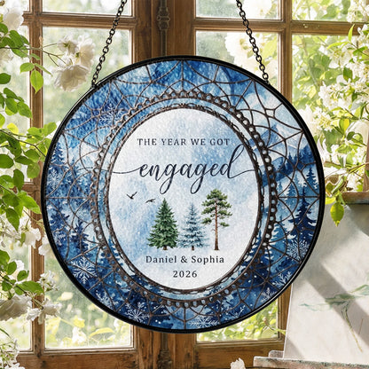 Watercolor Wedding Suncatcher Personalized - Pine Forest Engagement Year Keepsake