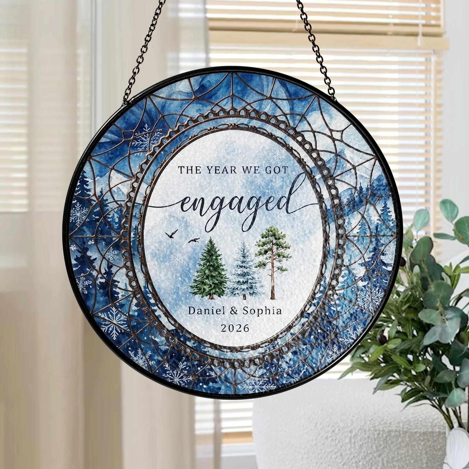 Watercolor Wedding Suncatcher Personalized - Pine Forest Engagement Year Keepsake