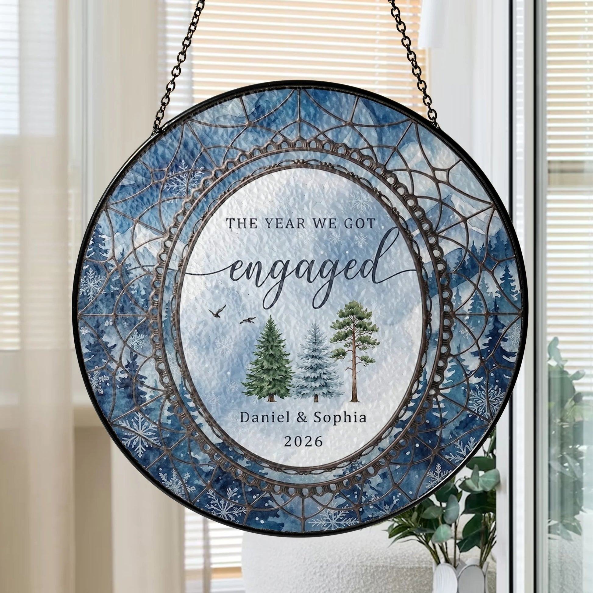 Watercolor Wedding Suncatcher Personalized - Pine Forest Engagement Year Keepsake