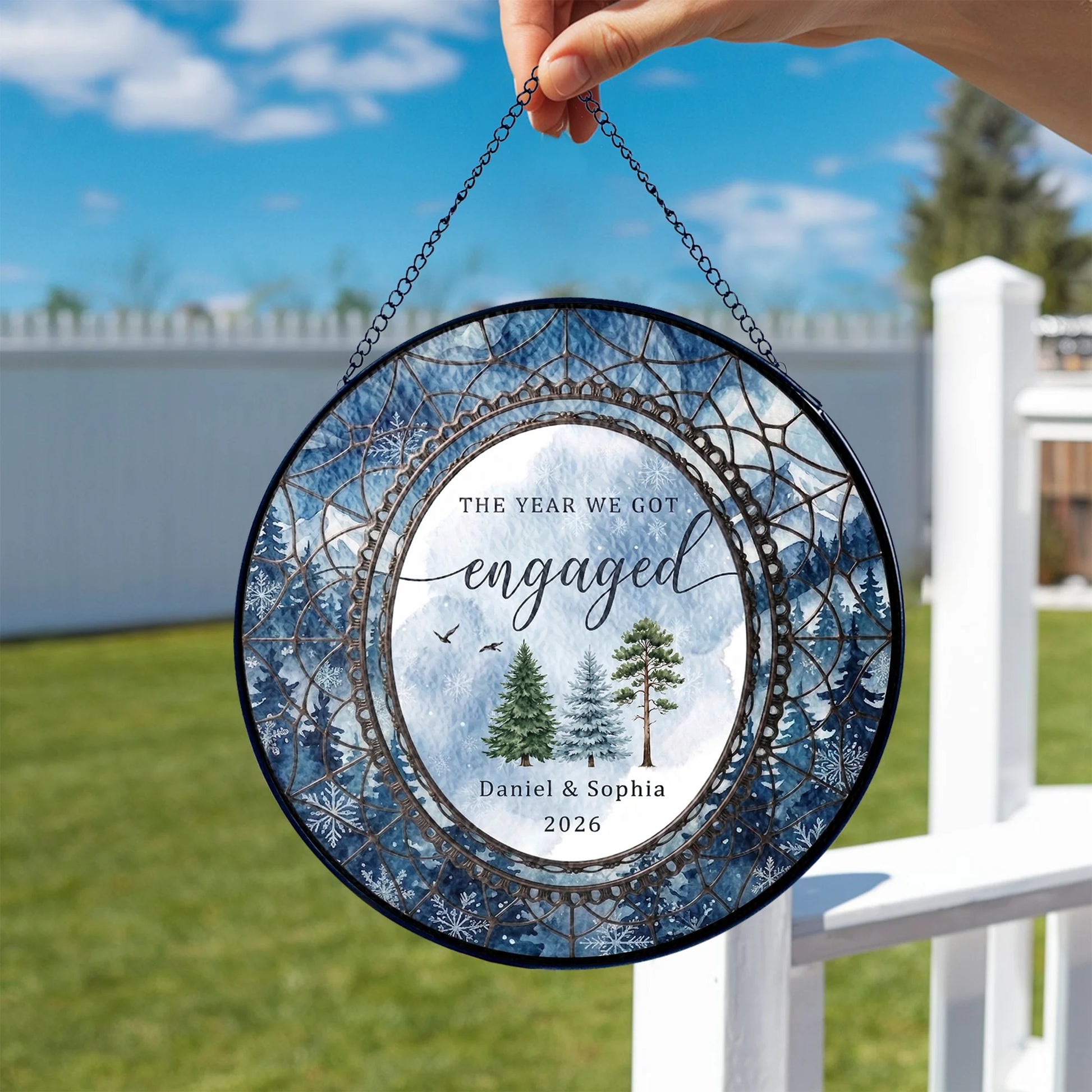 Watercolor Wedding Suncatcher Personalized - Pine Forest Engagement Year Keepsake