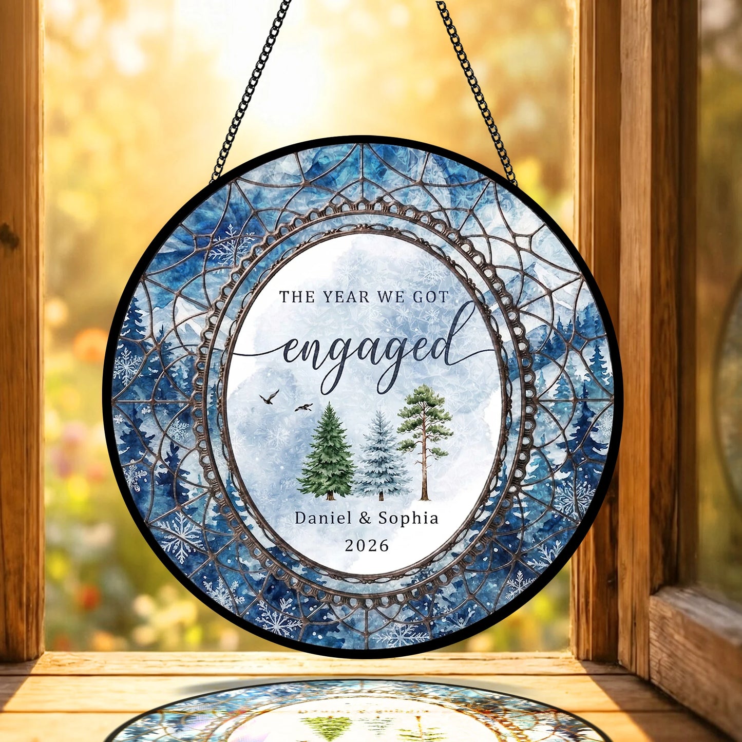 Watercolor Wedding Suncatcher Personalized - Pine Forest Engagement Year Keepsake