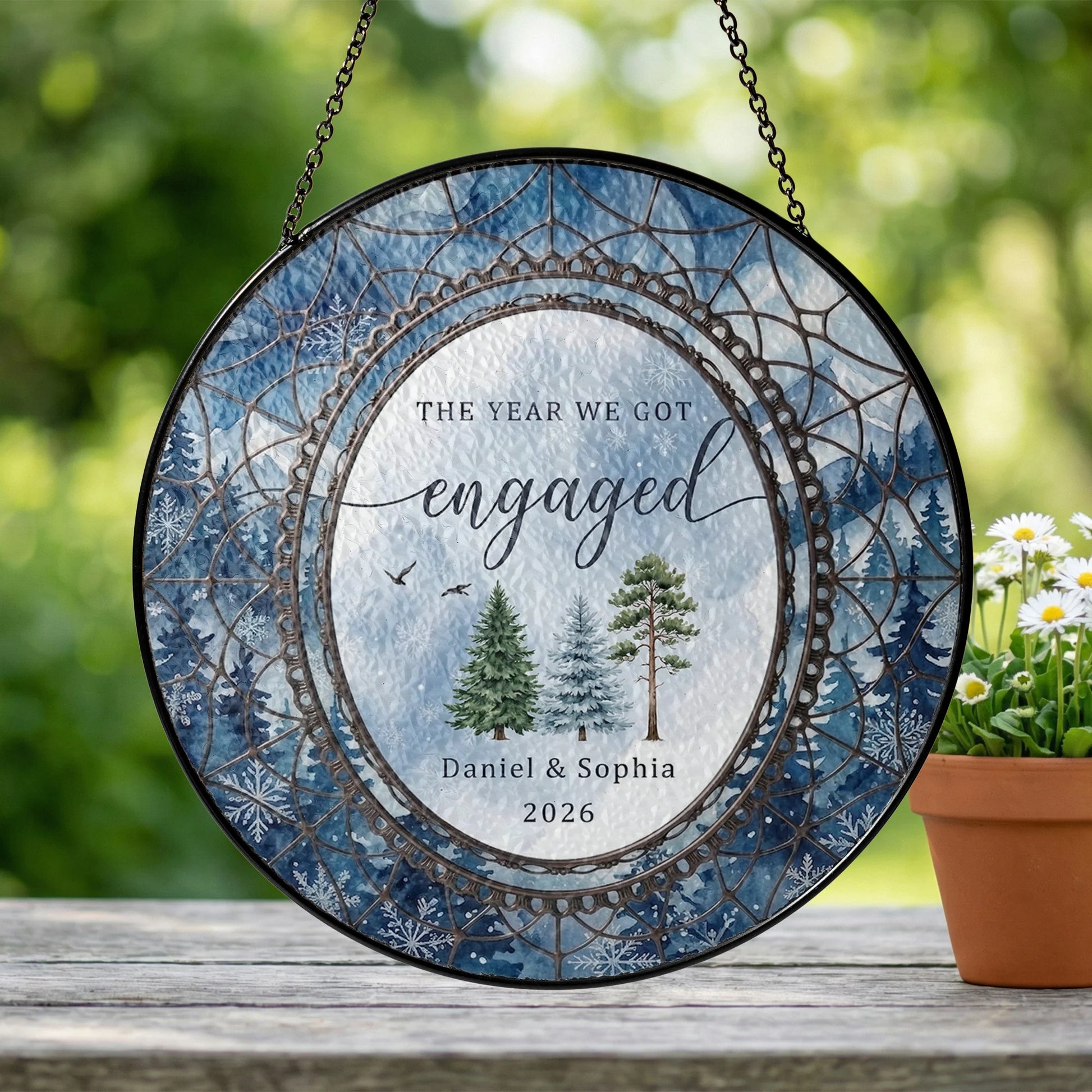 Watercolor Wedding Suncatcher Personalized - Pine Forest Engagement Year Keepsake