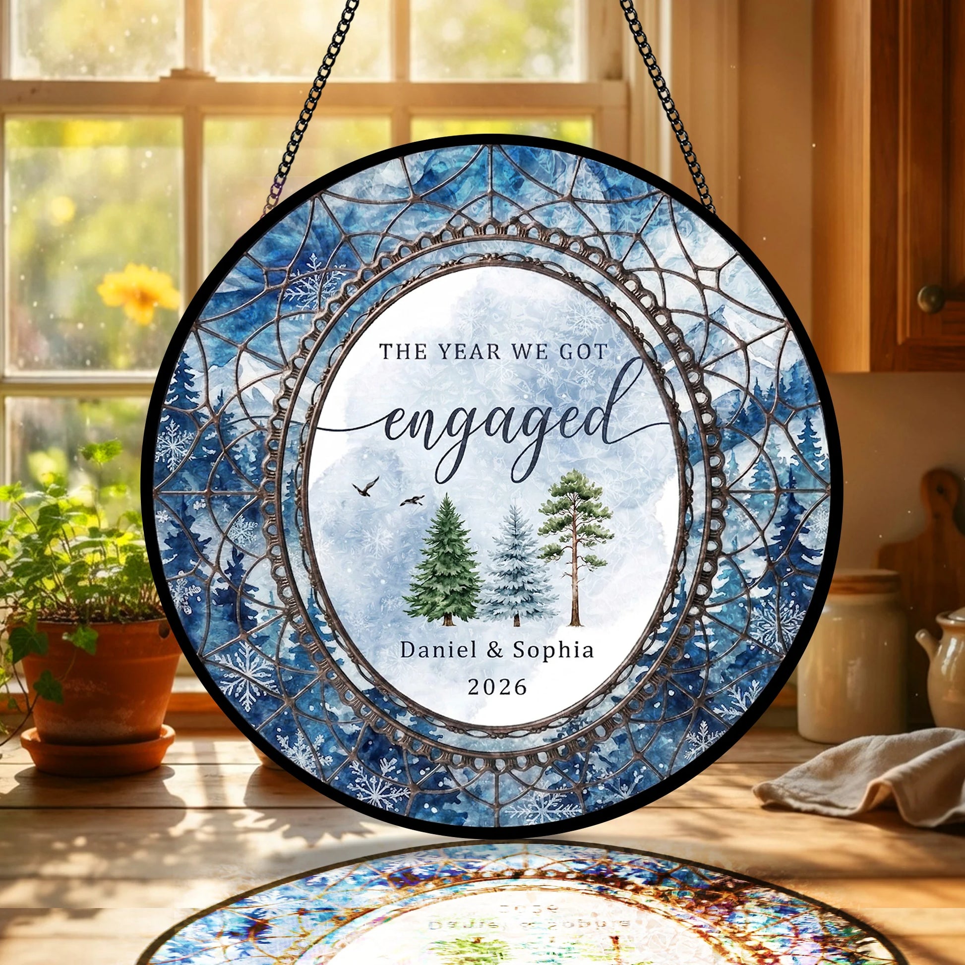 Watercolor Wedding Suncatcher Personalized - Pine Forest Engagement Year Keepsake