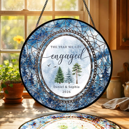 Watercolor Wedding Suncatcher Personalized - Pine Forest Engagement Year Keepsake