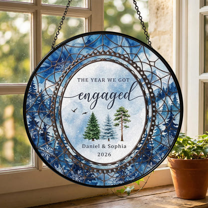 Watercolor Wedding Suncatcher Personalized - Pine Forest Engagement Year Keepsake