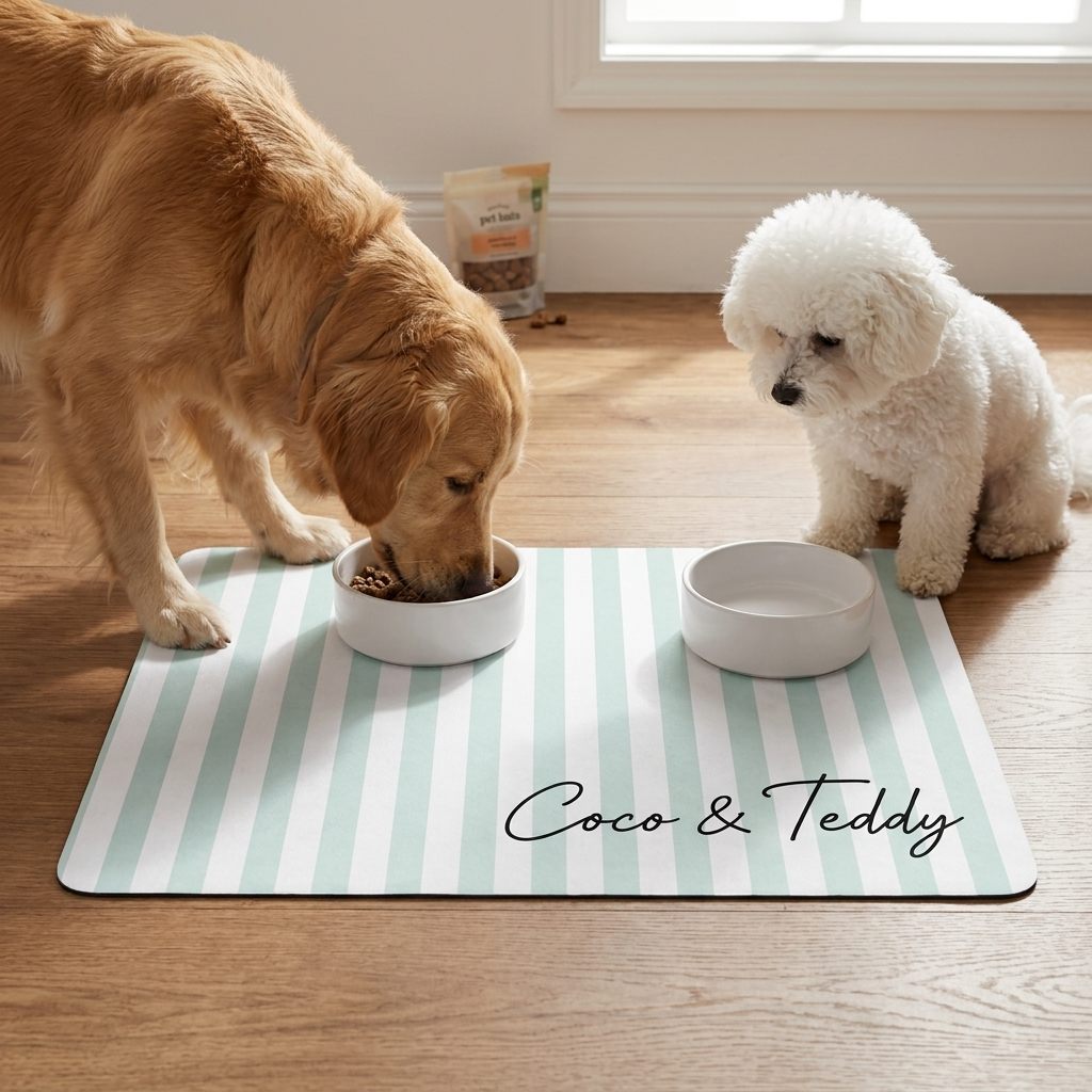 Two dogs eating from a personalized striped pet feeding mat
