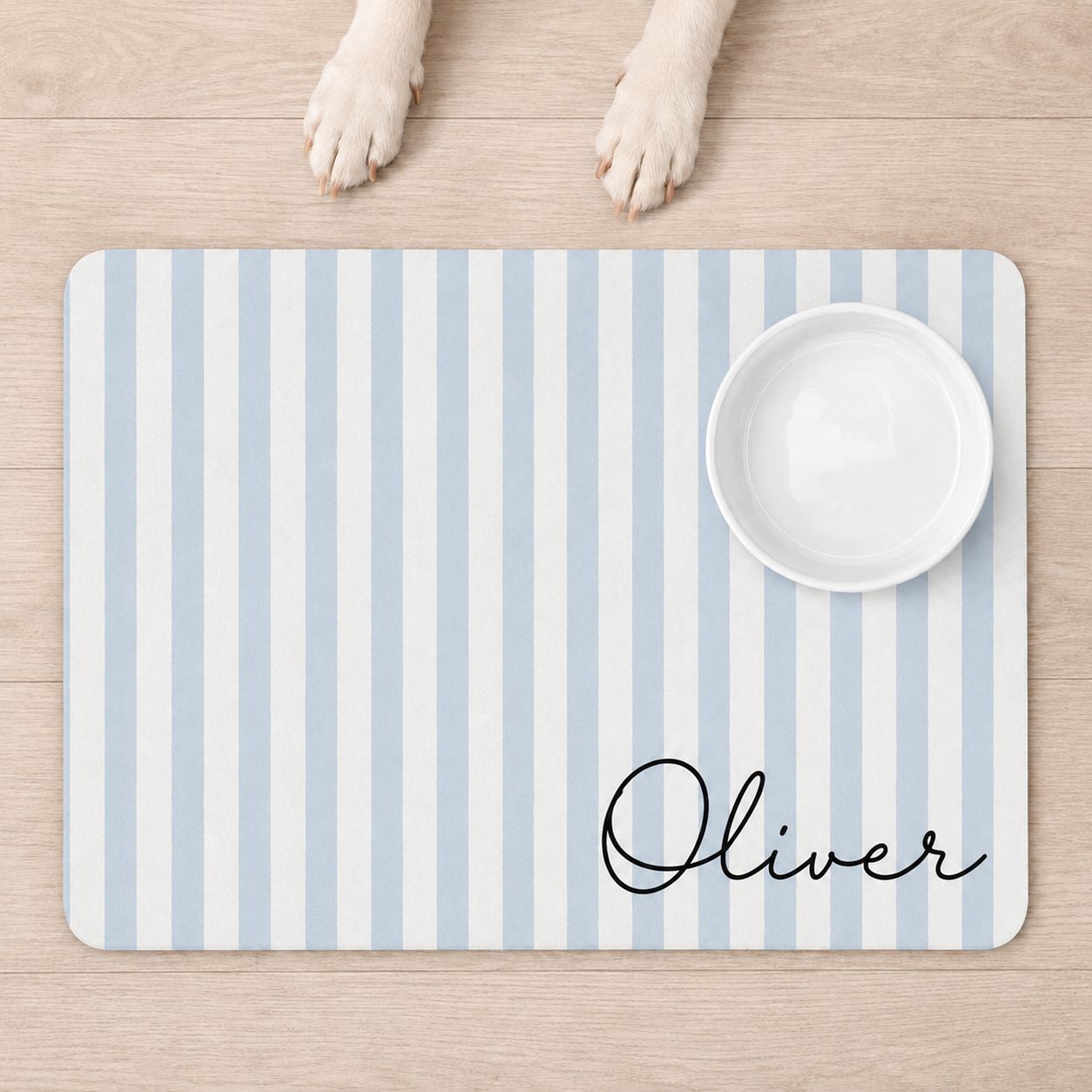 Personalized pet mat in blue watercolor stripes