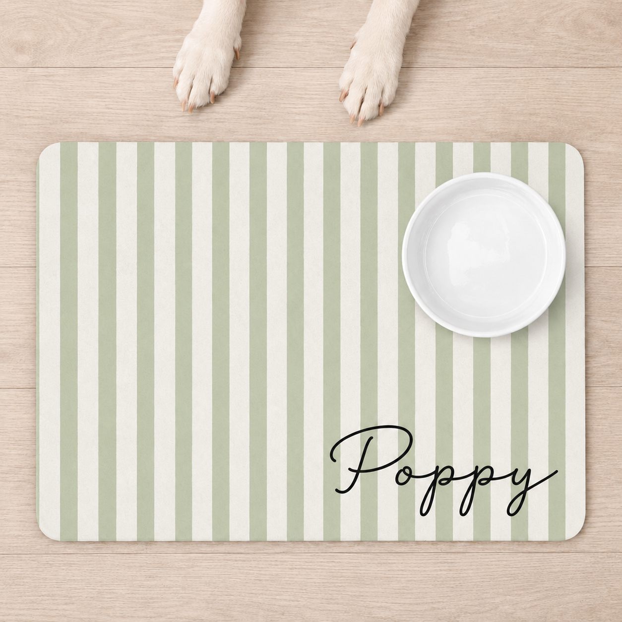 Personalized pet mat in sage watercolor stripes