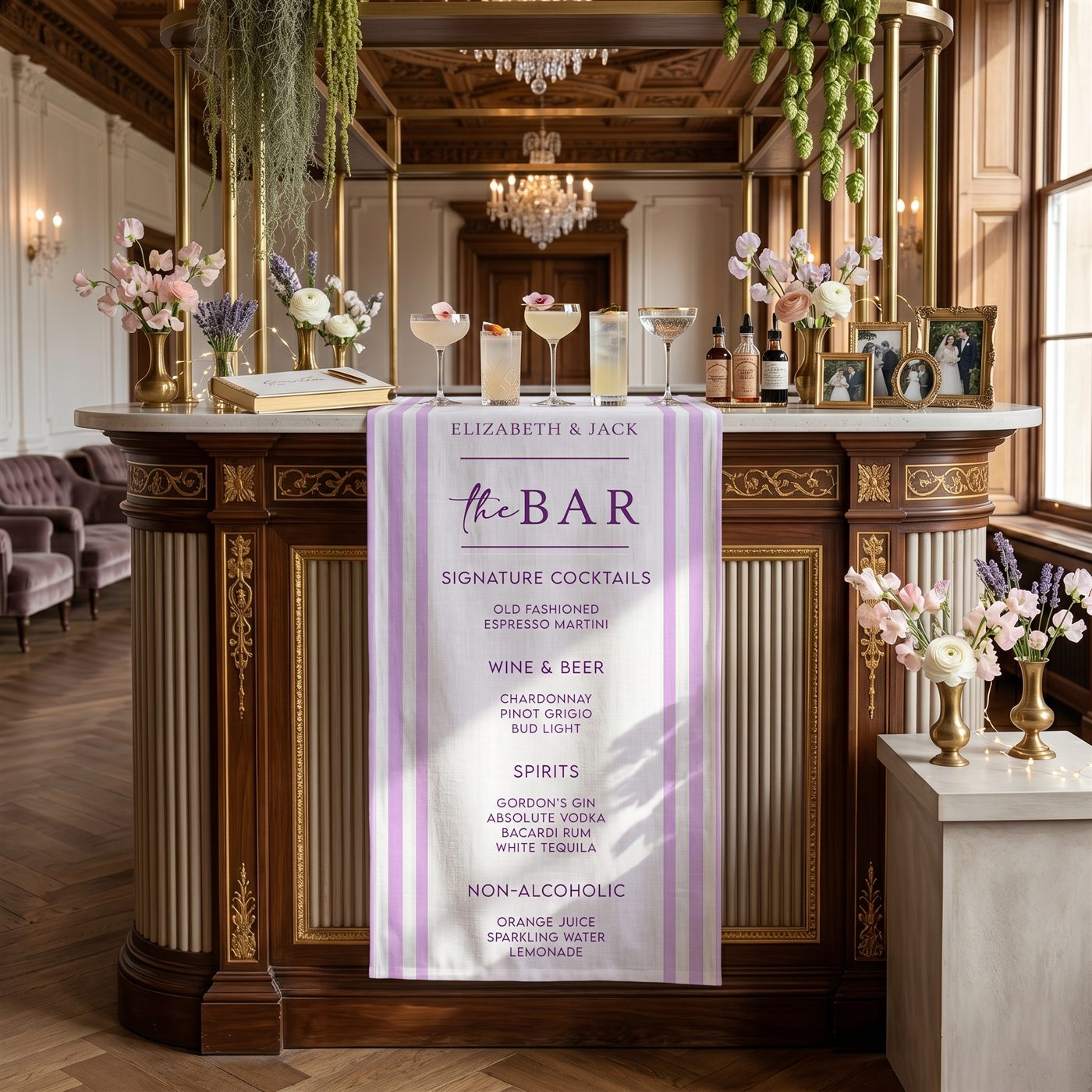 Personalized wedding bar runner with the couple's names and drink menu